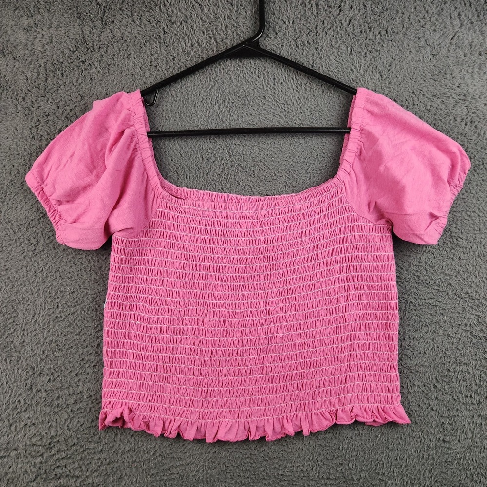 Simply Southern Womens Crop Smocked Square Neck Babydoll Peplum Top Large Pink